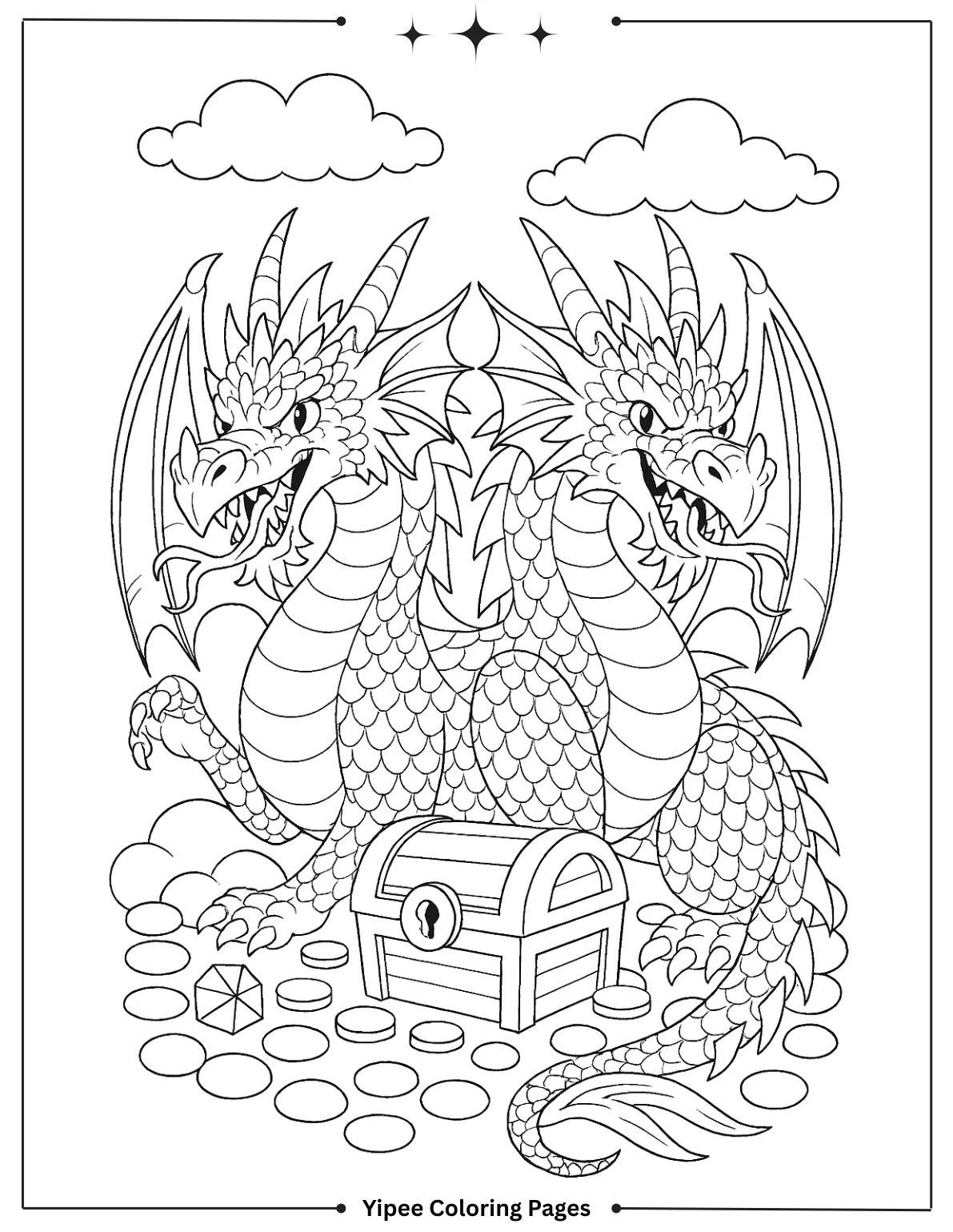 Dragon Coloring Pages | Kids Will Love Two-Headed Dragon Guards Treasure Coloring Page