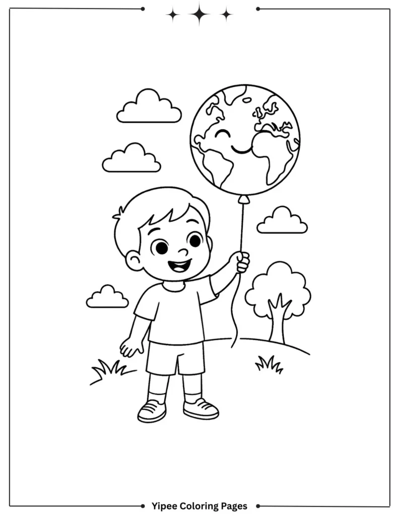 Young Child Holds Globe Balloon Coloring Page for Kids