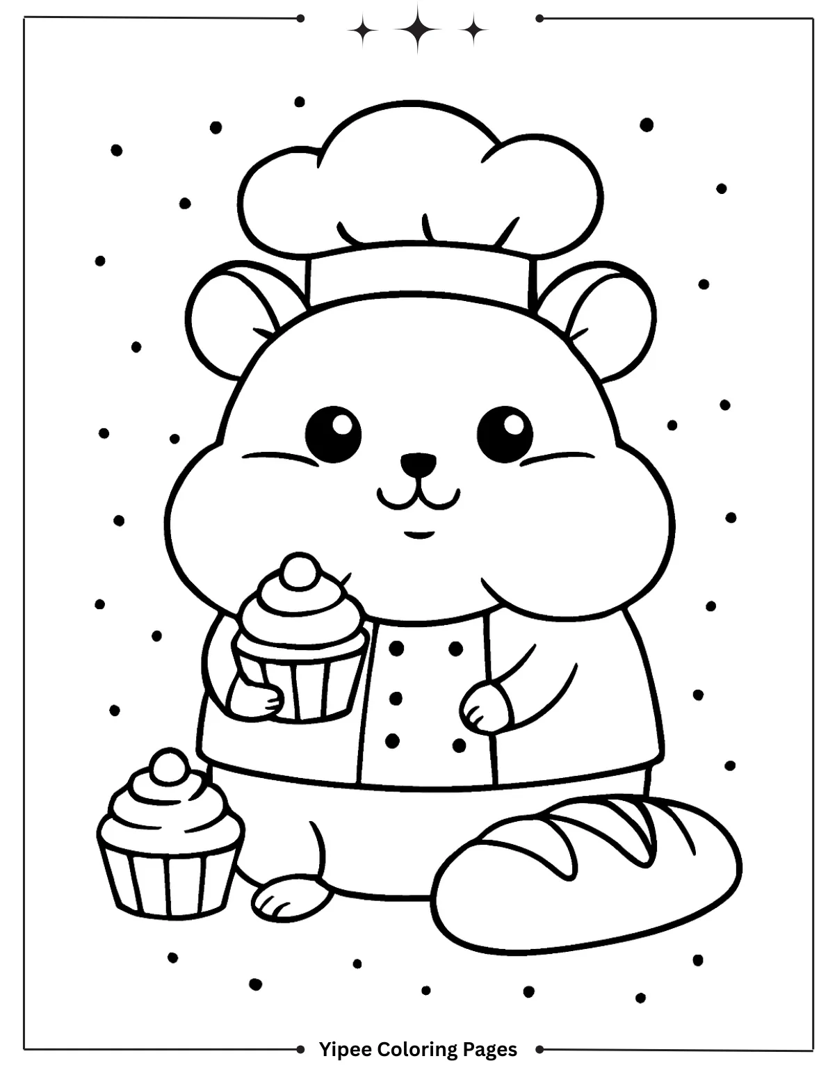 Bakery Chef Hamster with Cupcakes and Bread Coloring Page