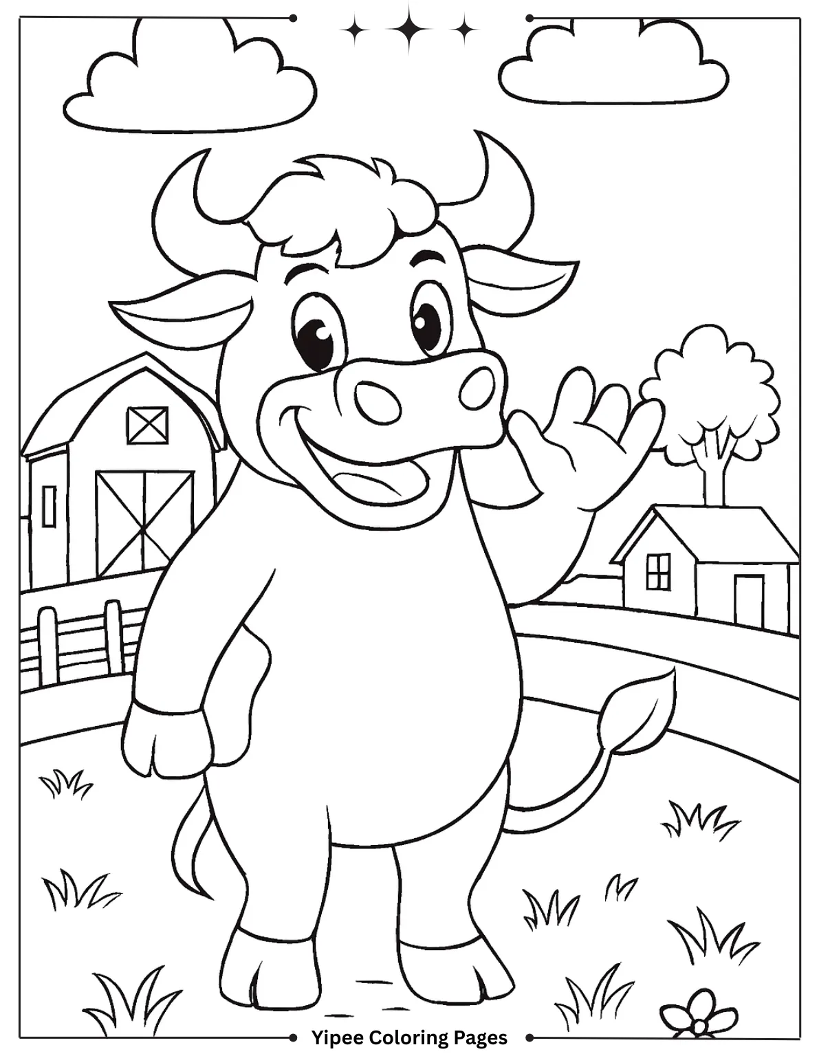 Cartoon Bull Waving Hi Coloring Page
