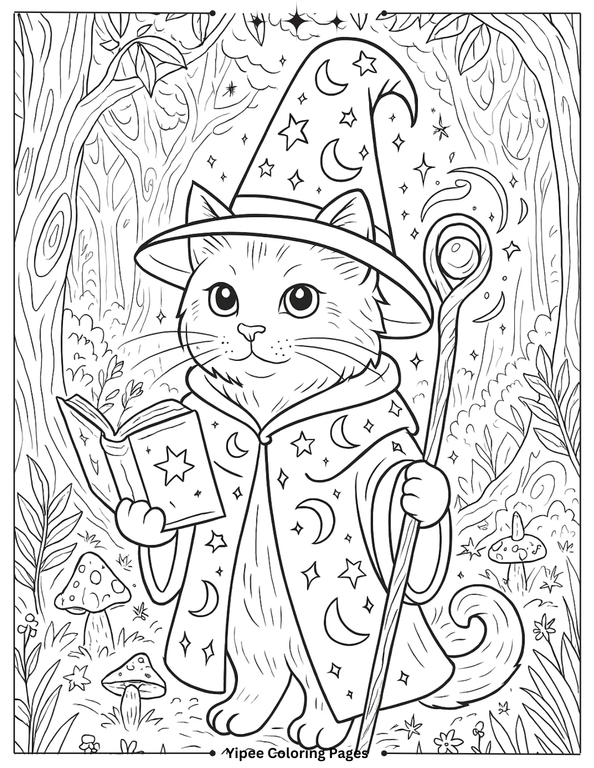 Cat Coloring Pages By Yipee Coloring Pages Cat Wizard in Enchanted Forest Coloring Page