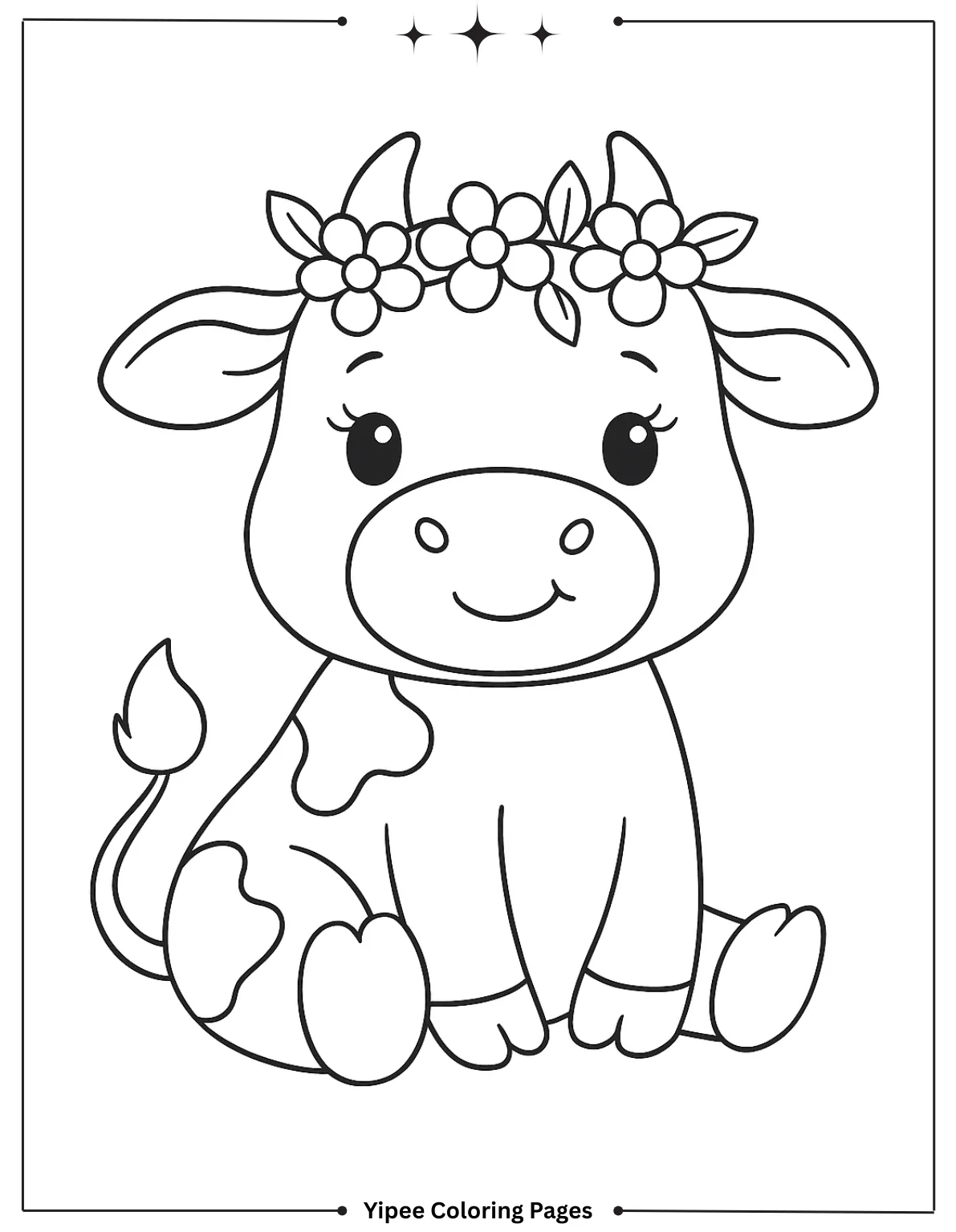 Cute Baby Cow with Flower Crown Coloring Page