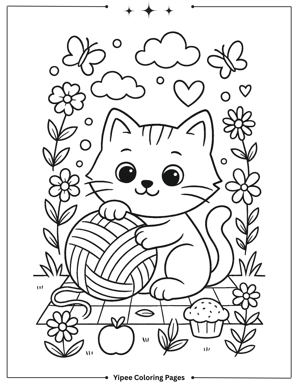 Cat Coloring Pages By Yipee Coloring Pages Cute Cat Playing with Yarn in Garden Coloring Page