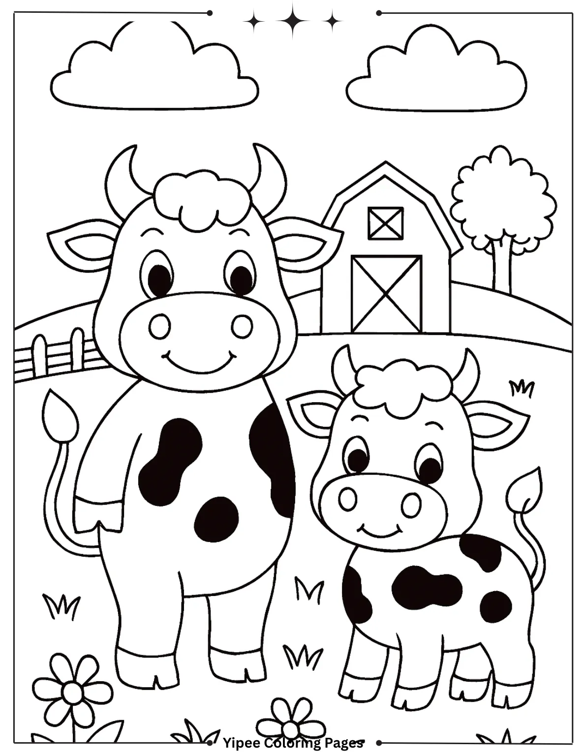Cute Cows on the Farm Coloring Page for Preschoolers