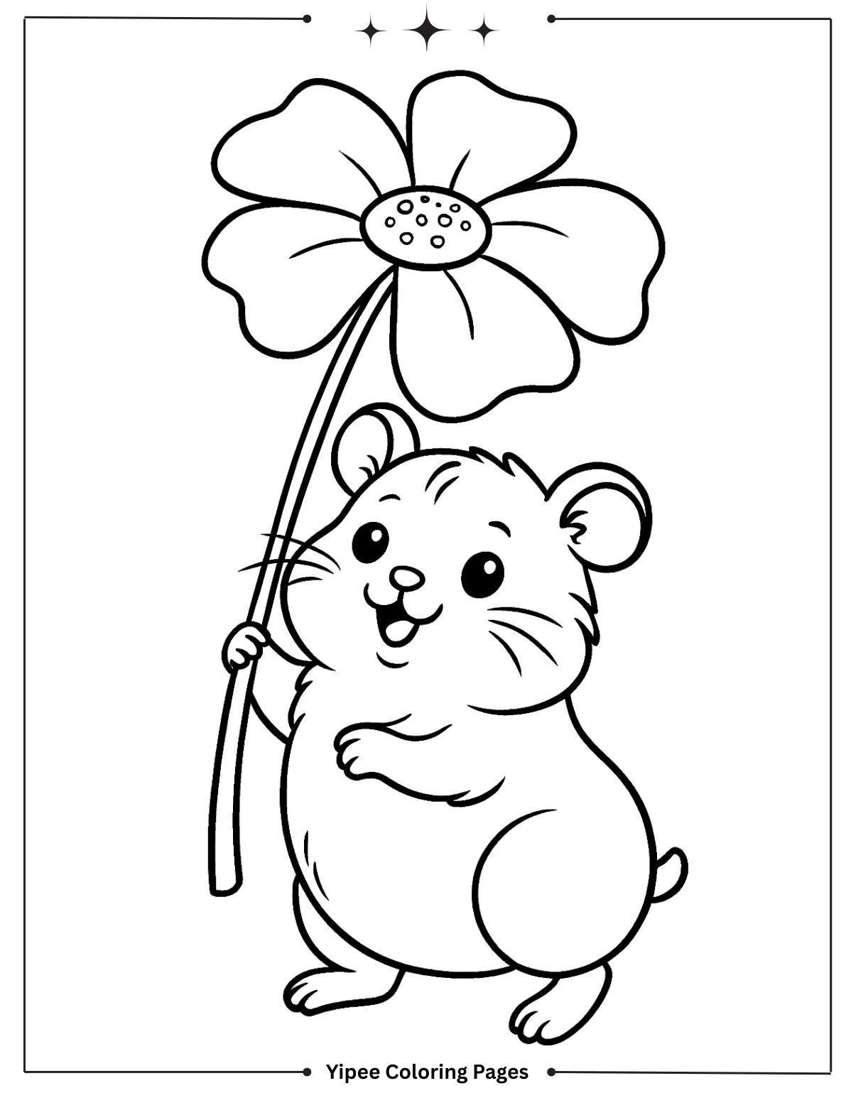 Kawaii Hamster and Flowers Coloring Page