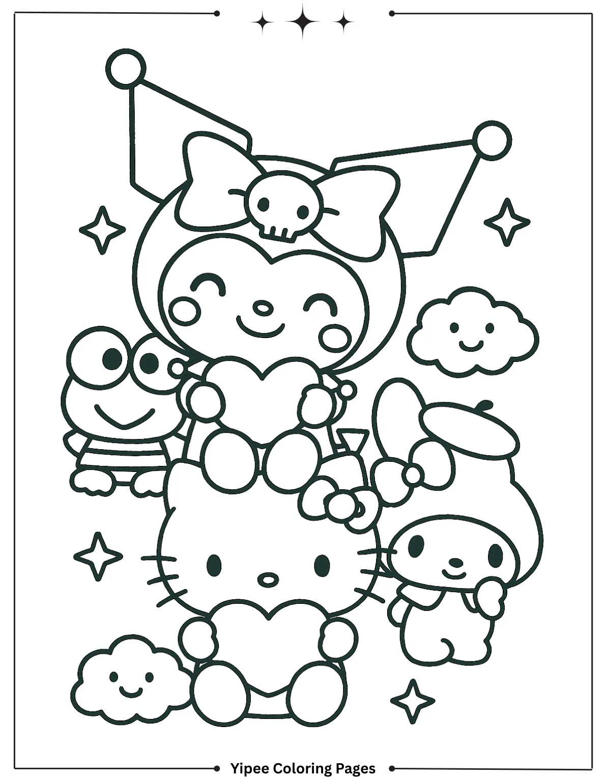 kuromi Coloring pages By Yipee Coloring Pages Keroppi, Kuromi, My Melody, and Pompompurin, Hello Kitty holds a heart