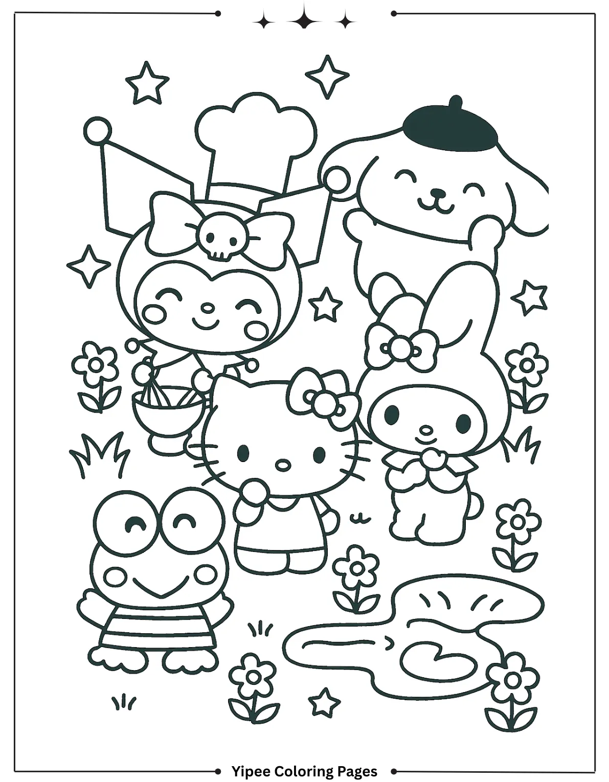 kuromi Coloring pages By Yipee Coloring Pages Kuromi, Hello Kitty, My Melody, Cinnamoroll, Pompompurin, and Keroppi are gathered in a magical garden