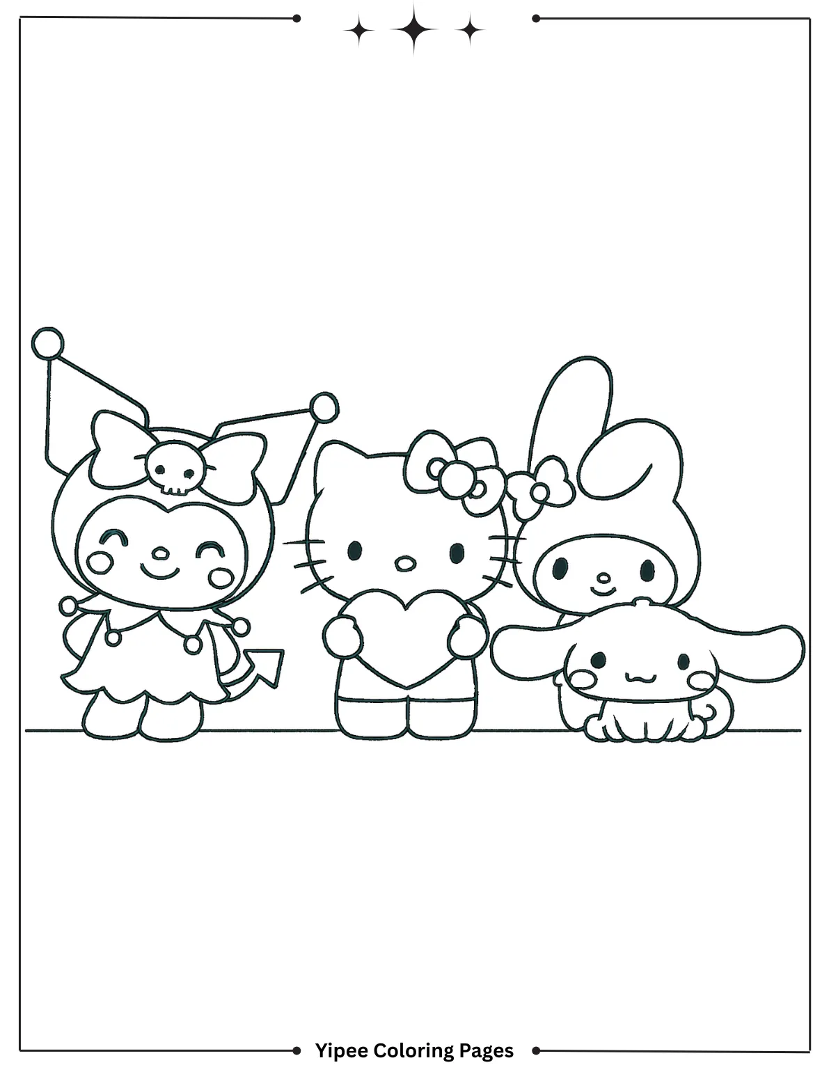 kuromi Coloring pages By Yipee Coloring Pages Kuromi, Hello Kitty, My Melody, and Cinnamoroll stand in a line
