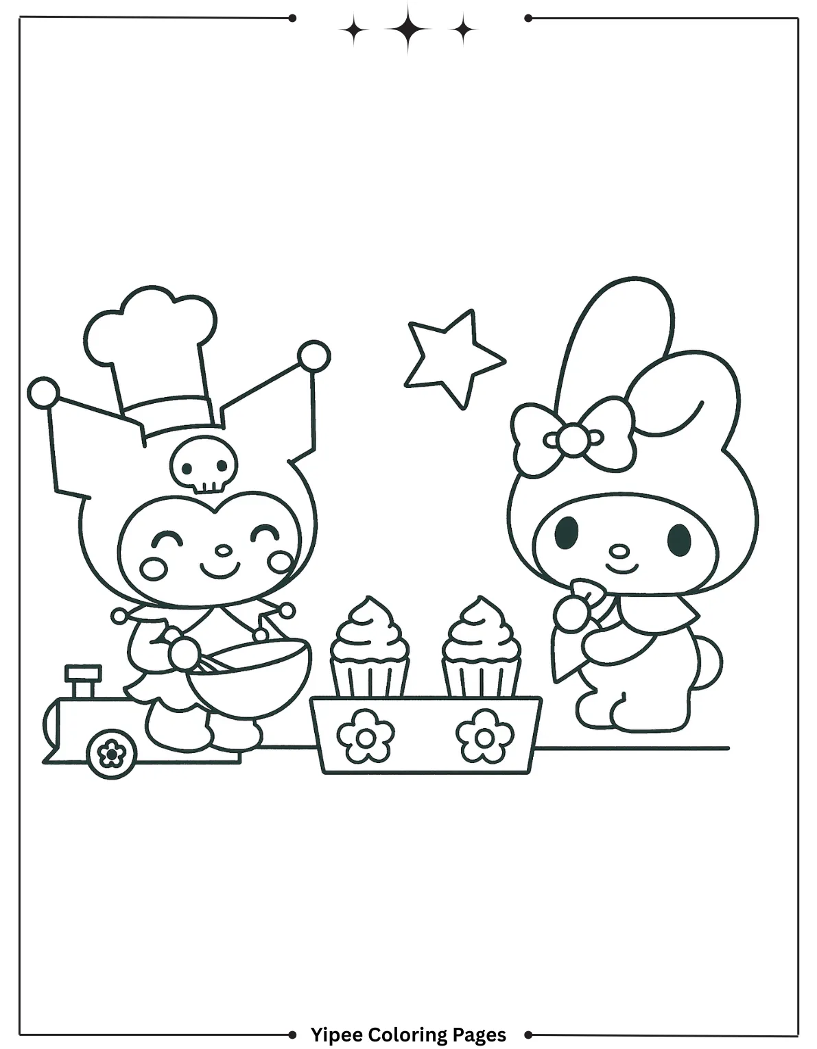 kuromi Coloring pages By Yipee Coloring Pages Kuromi and My Melody bake cupcakes side by side