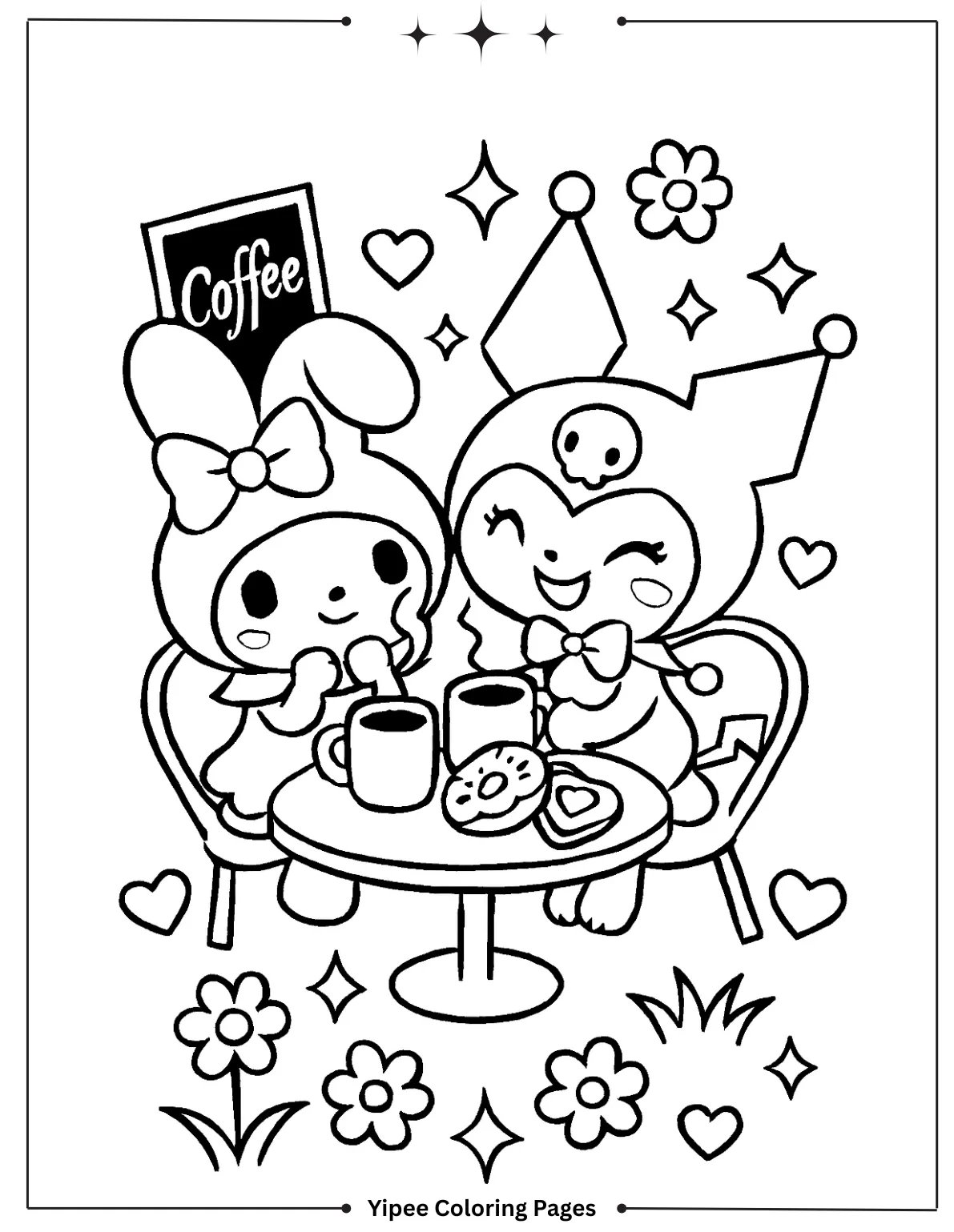 kuromi Coloring pages By Yipee Coloring Pages Kuromi and My Melody sharing coffee in a cozy café