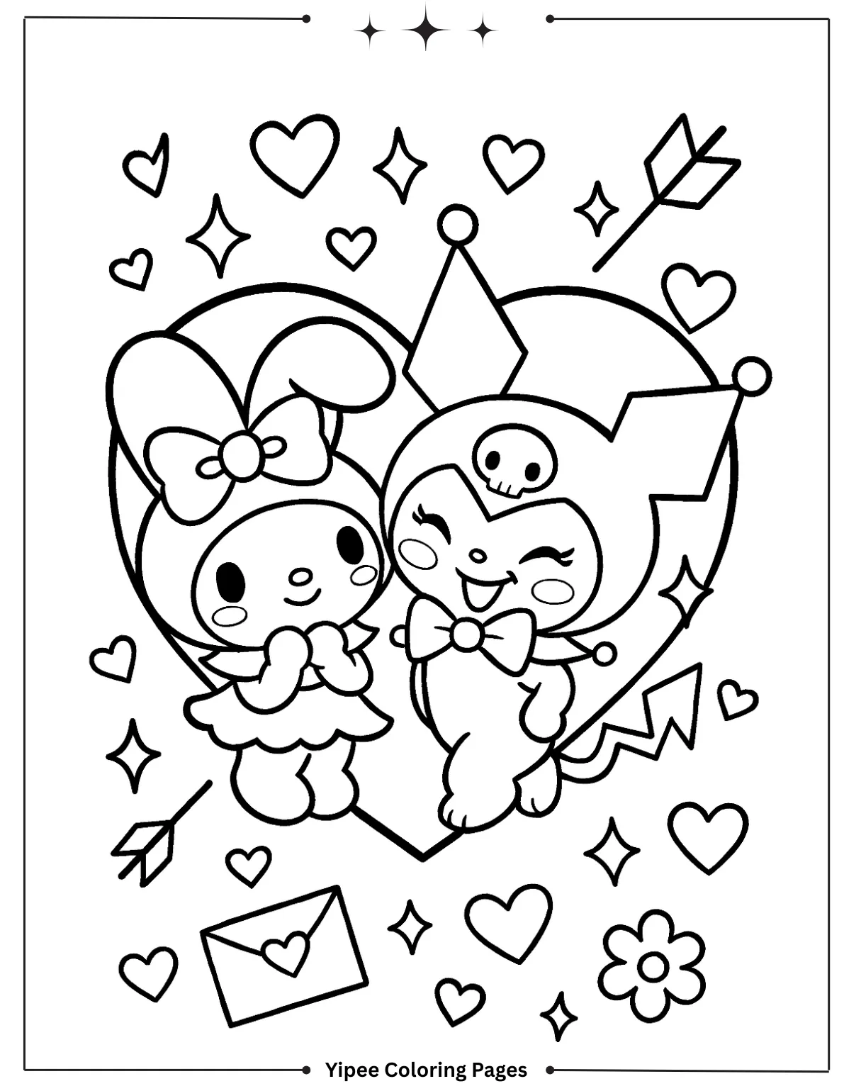 kuromi Coloring pages By Yipee Coloring Pages Kuromi and My Melody sit inside a heart, surrounded by arrows and love