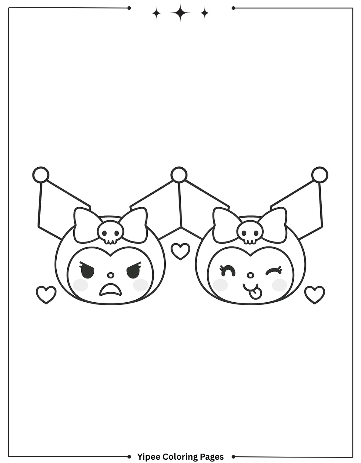 kuromi Coloring pages By Yipee Coloring Pages Kuromi appears with masks and expressions in outlines
