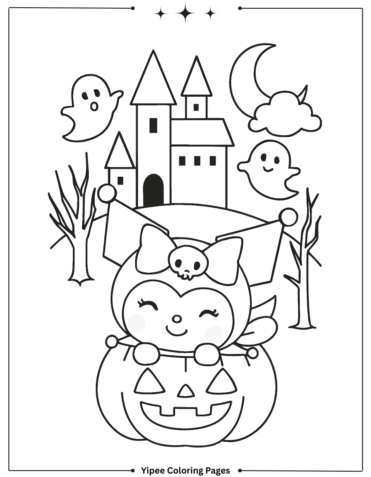kuromi Coloring pages By Yipee Coloring Pages Kuromi peeks from a carved Halloween pumpkin in front of a spooky castle