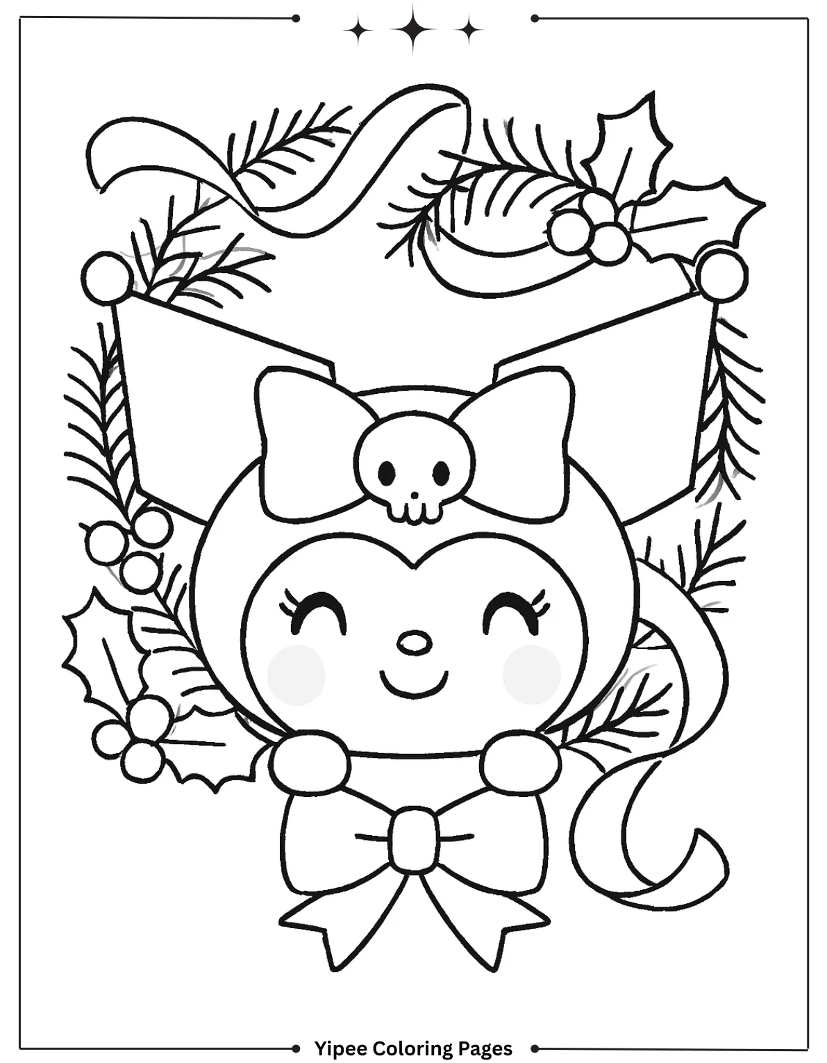 kuromi Coloring pages By Yipee Coloring Pages Kuromi peeks through a festive Christmas wreath