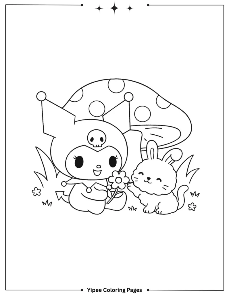 kuromi Coloring pages By Yipee Coloring Pages Kuromi shares a gentle moment with a fluffy bunny