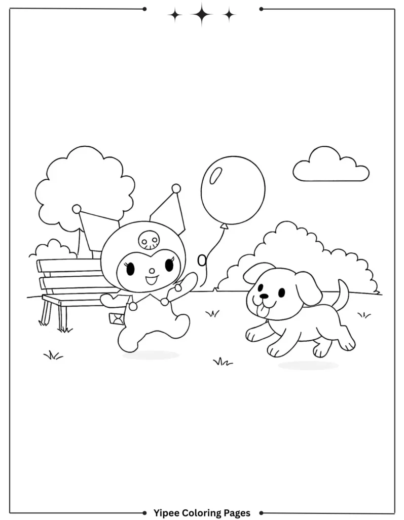 kuromi Coloring pages By Yipee Coloring Pages Kuromi sit ingarden next to cat