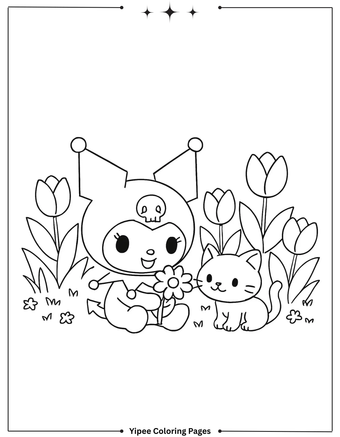 kuromi Coloring pages By Yipee Coloring Pages Kuromi sits in a next to a curious cat