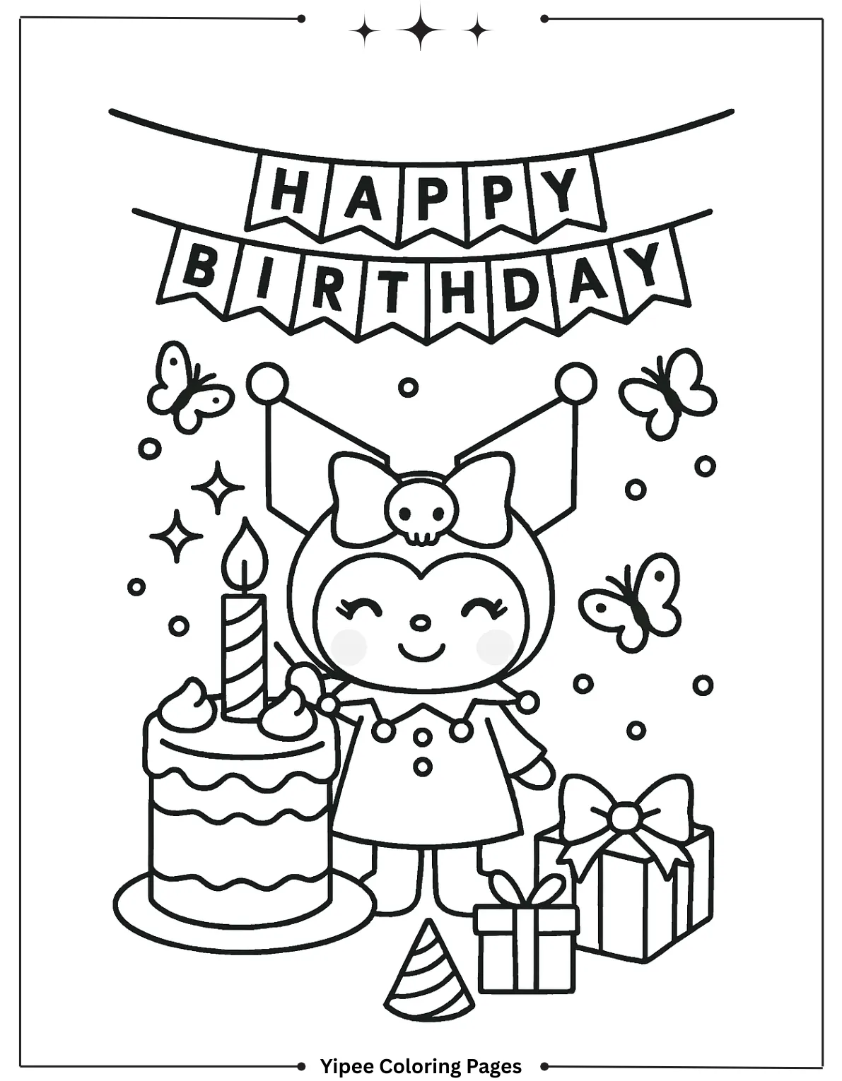kuromi Coloring pages By Yipee Coloring Pages Kuromi smiles under a “Happy Birthday” banner