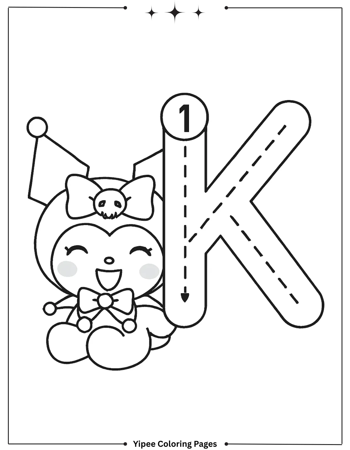 kuromi Coloring pages By Yipee Coloring Pages Kuromi snuggles by the big letter K