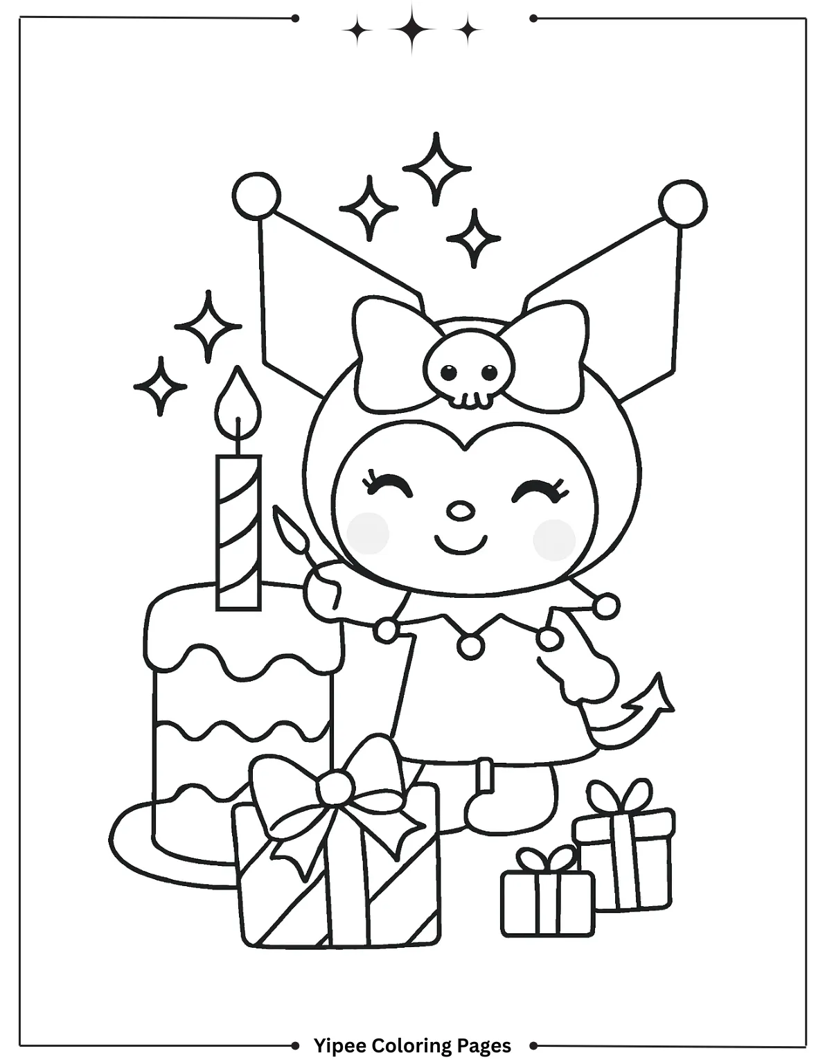 kuromi Coloring pages By Yipee Coloring Pages Kuromi standing near the tall cake