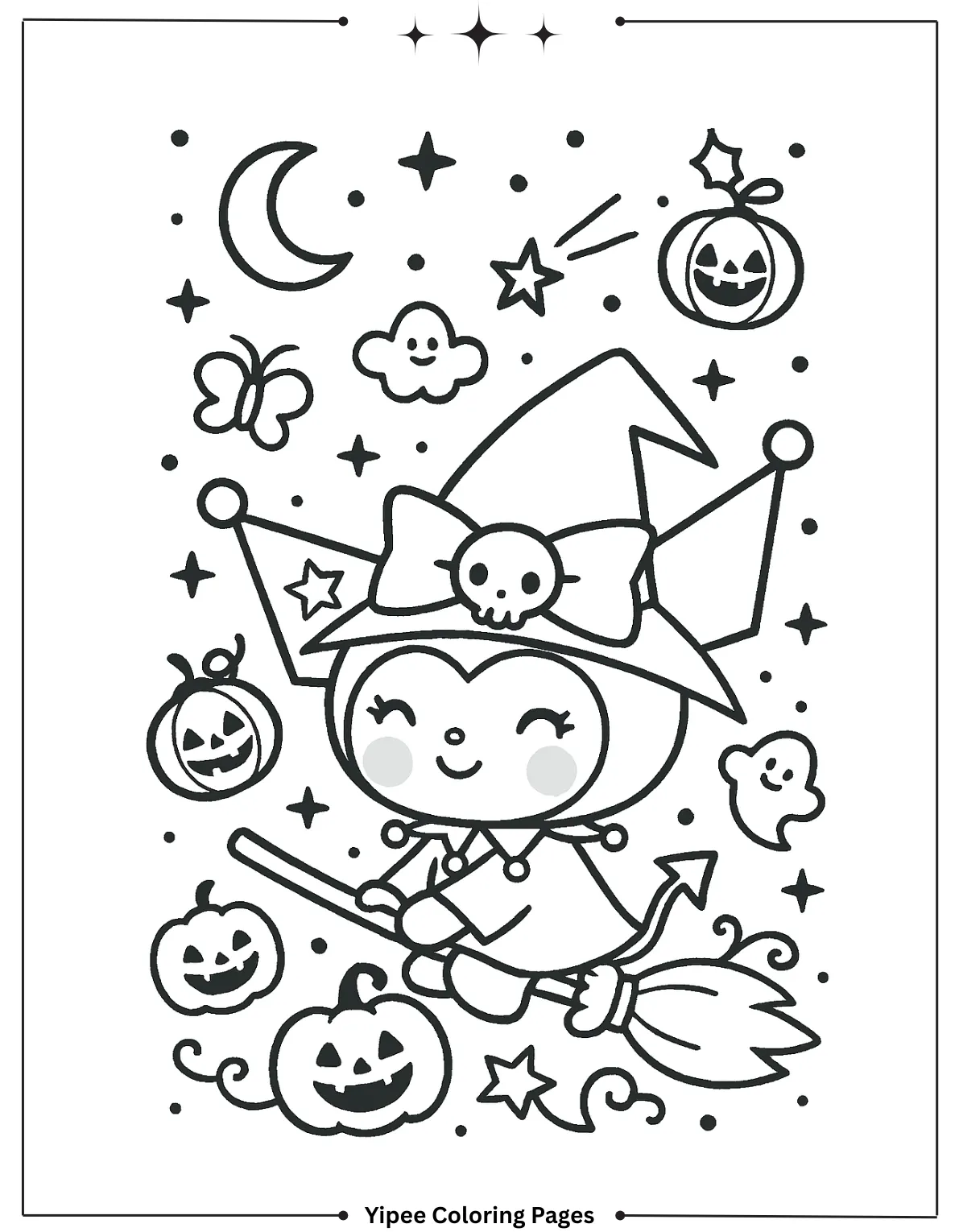 kuromi Coloring pages By Yipee Coloring Pages Kuromi swoops through a starry Halloween sky