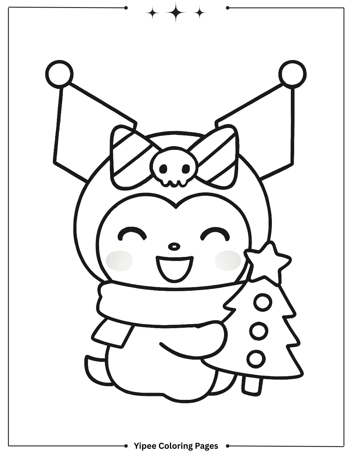 kuromi Coloring pages By Yipee Coloring Pages Kuromi wears a festive outfit, holding a tiny tree in outline