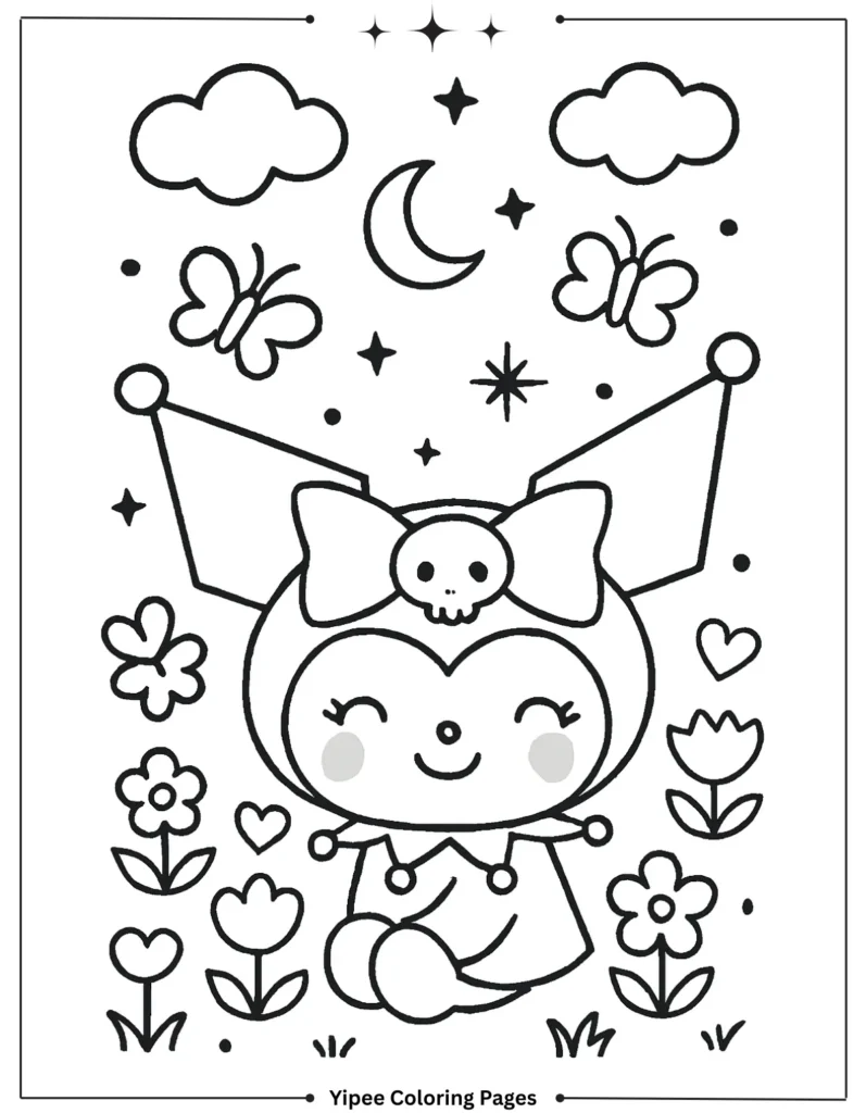 kuromi Coloring pages By Yipee Coloring Pages Kuromi with the butterfiles in the garden coloring page