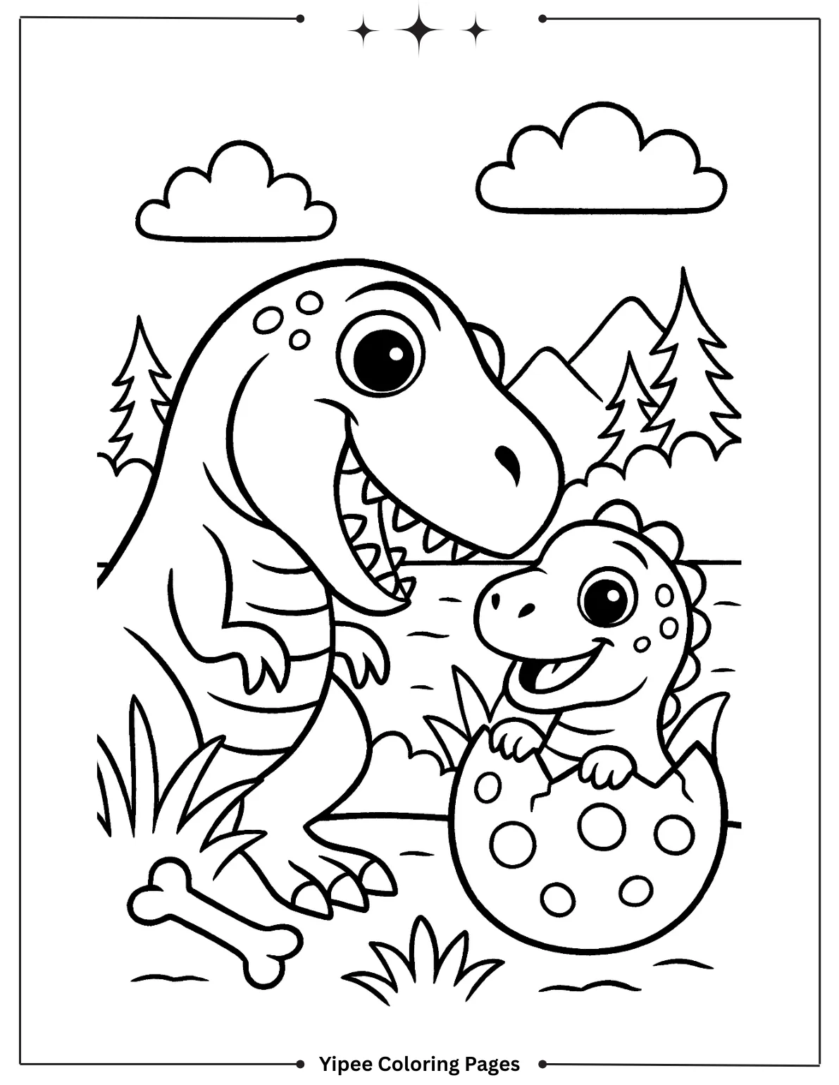 Mom and Baby T-Rex Hatching from Egg Coloring Page
