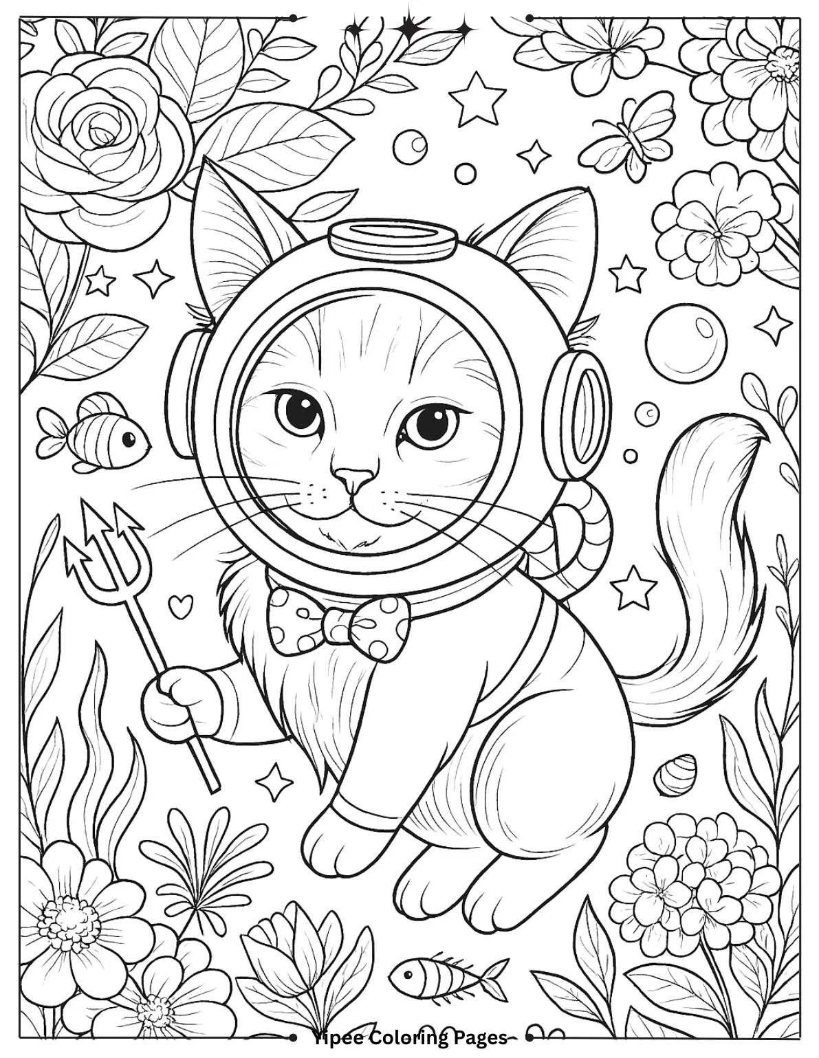 Cat Coloring Pages By Yipee Coloring Pages Realistic Cat with Flowers Coloring Page
