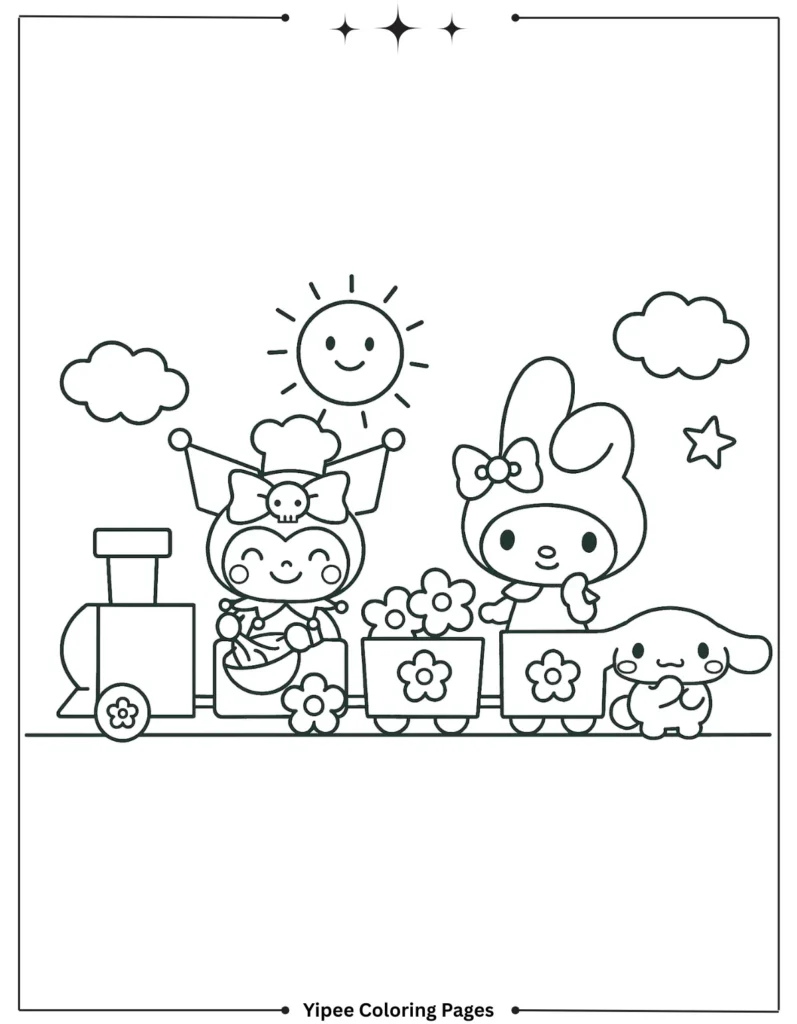 kuromi Coloring pages By Yipee Coloring Pages Riding a flower-filled train, Kuromi and Hello Kitty