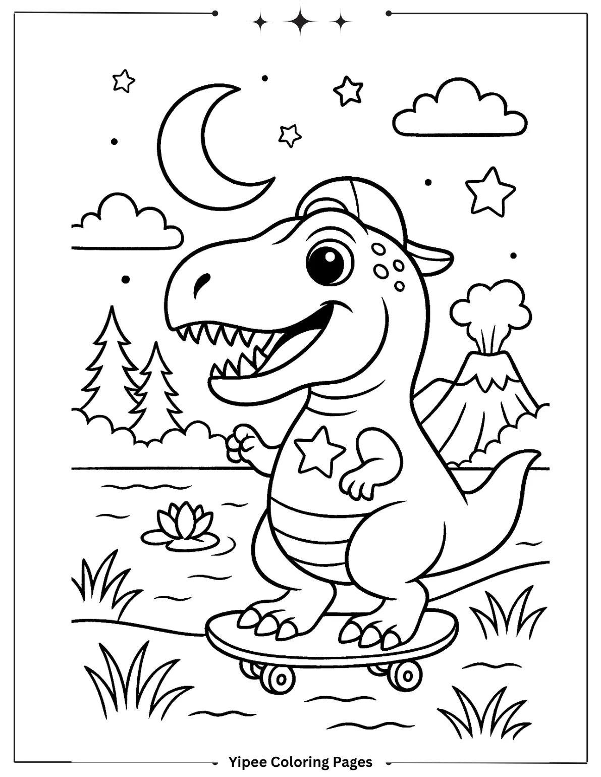 T-Rex at the Lake with Moon in the Sky Coloring Page