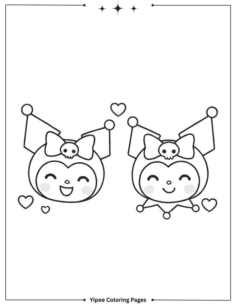 kuromi Coloring pages By Yipee Coloring Pages Two Kuromi faces smile with hearts in simple outline