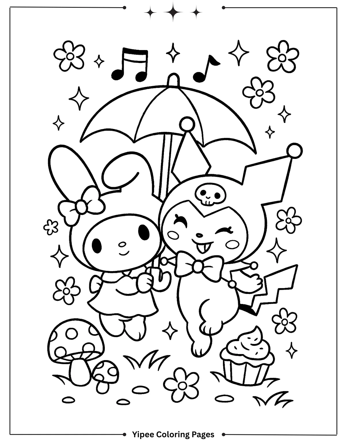 kuromi Coloring pages By Yipee Coloring Pages creat Kuromi twirl under an umbrella coloring sheet