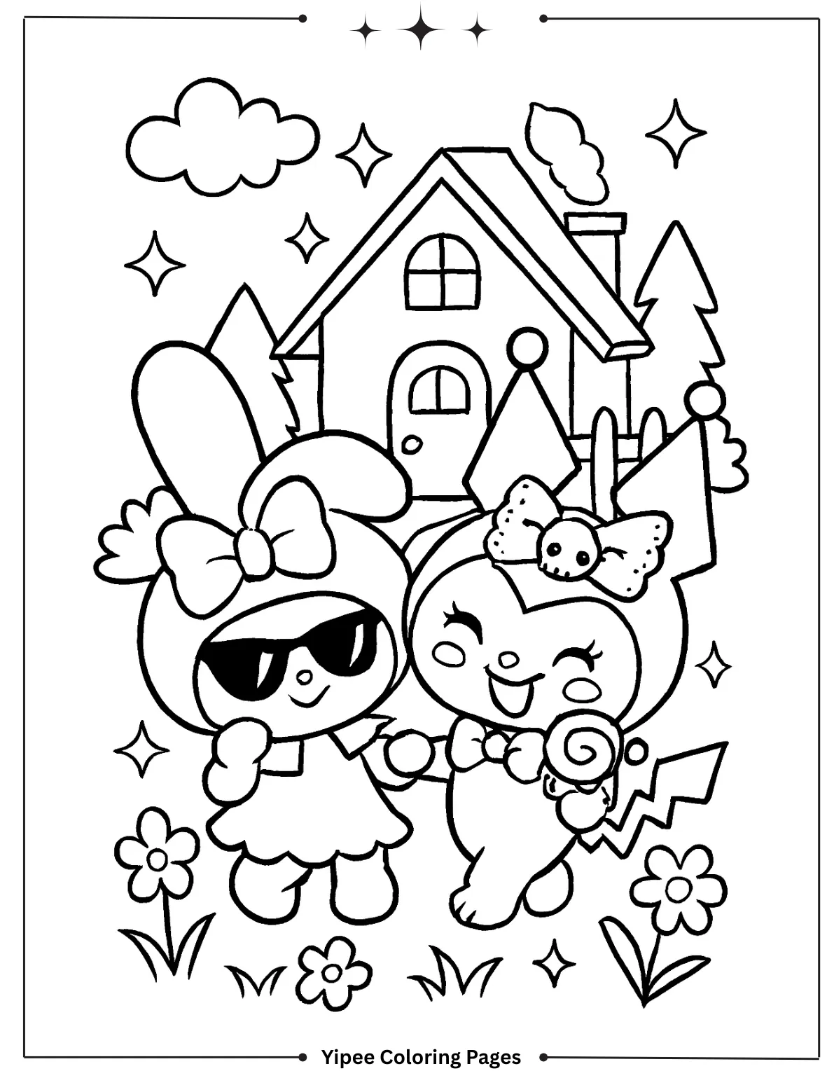 kuromi Coloring pages By Yipee Coloring Pages two besties share a giggle in front of a peaceful countryside home