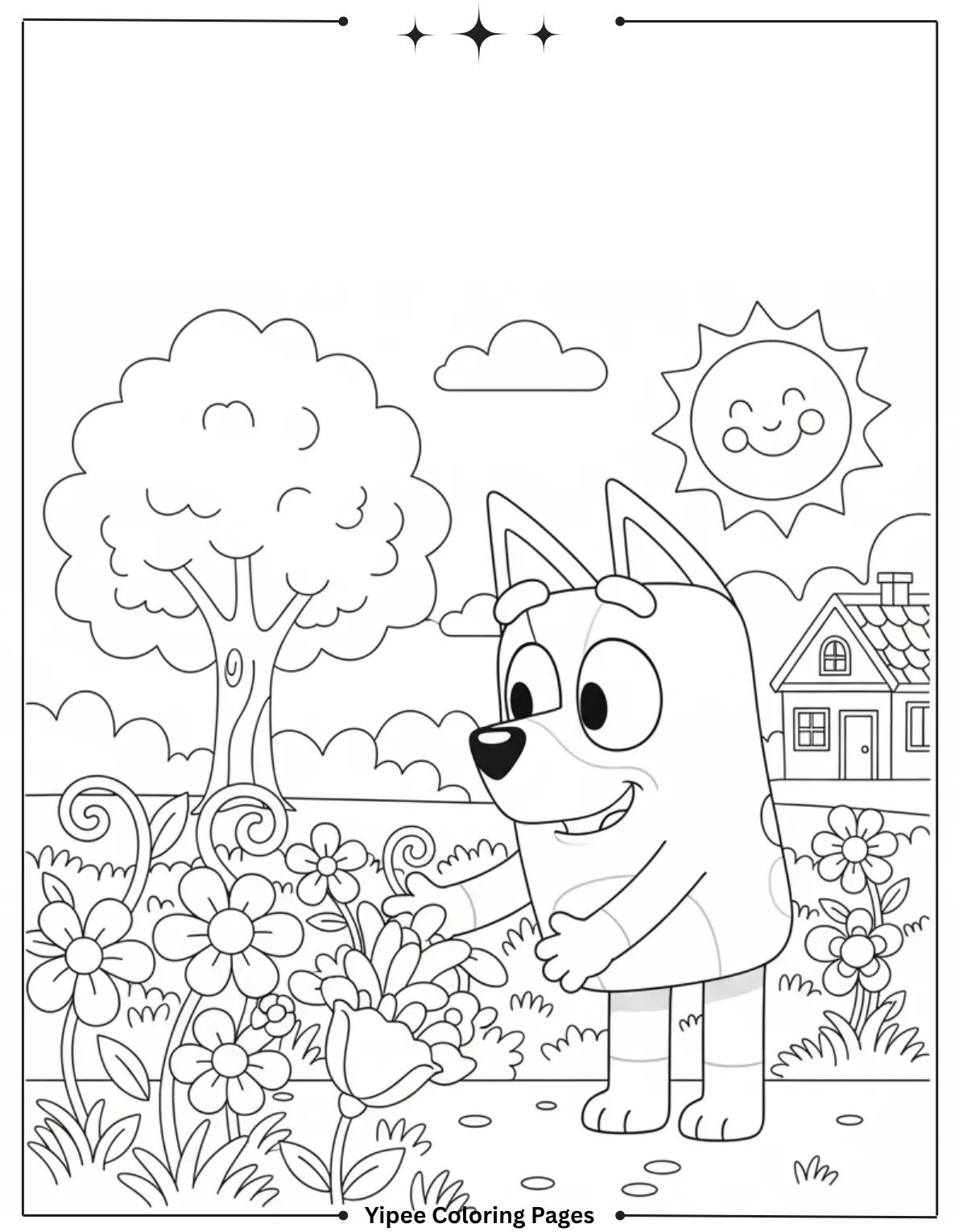 Bluey admires the flowers in a sunny garden