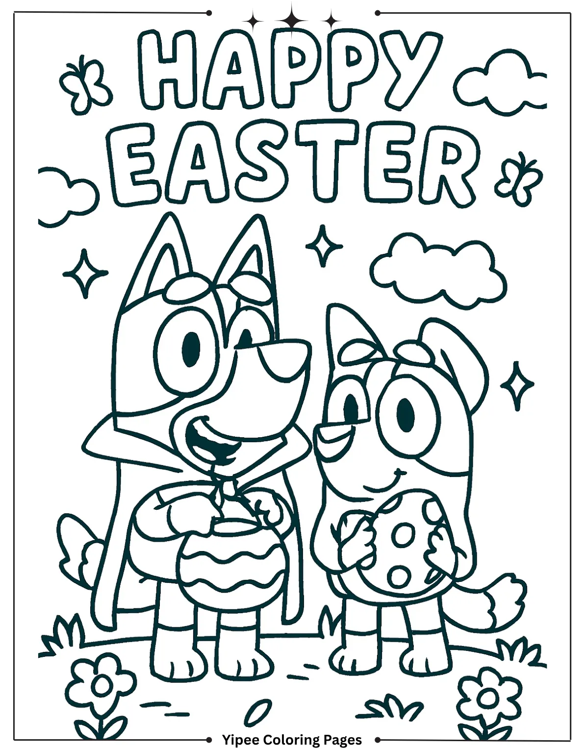 Bluey and Bingo hold colorful Easter eggs