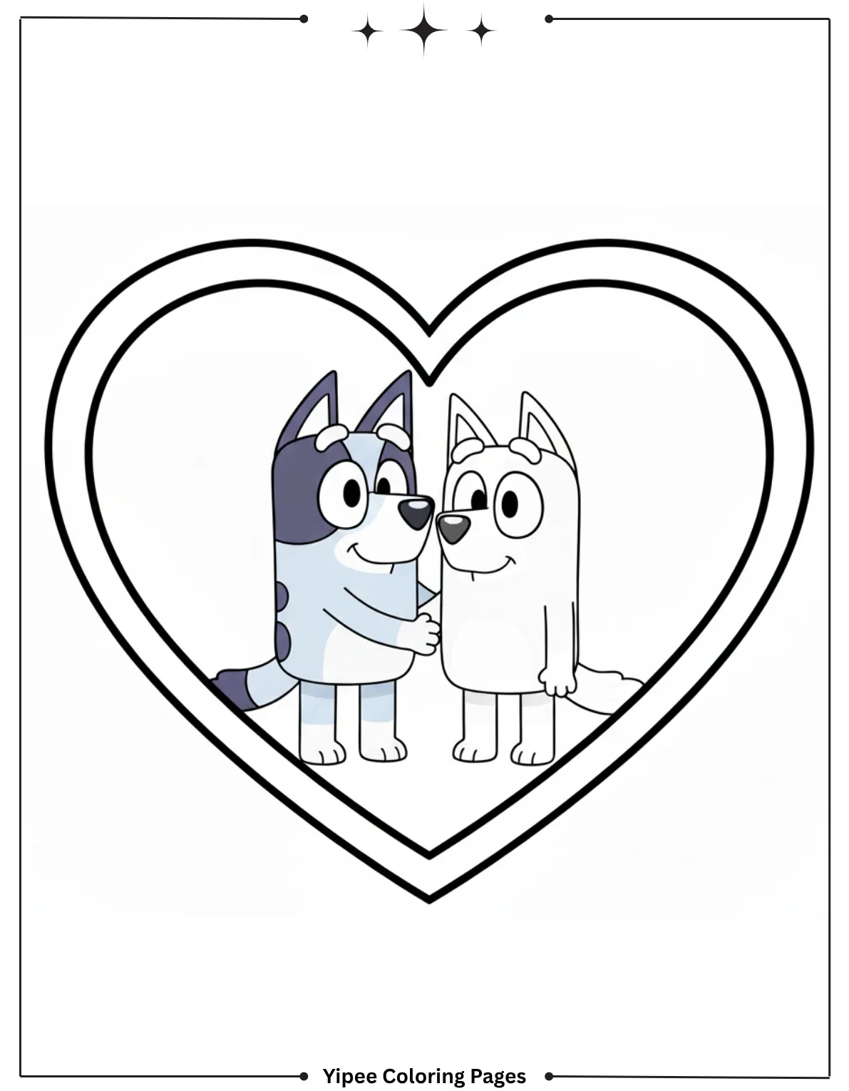 Bluey and Bingo share a sweet moment inside a heart frame