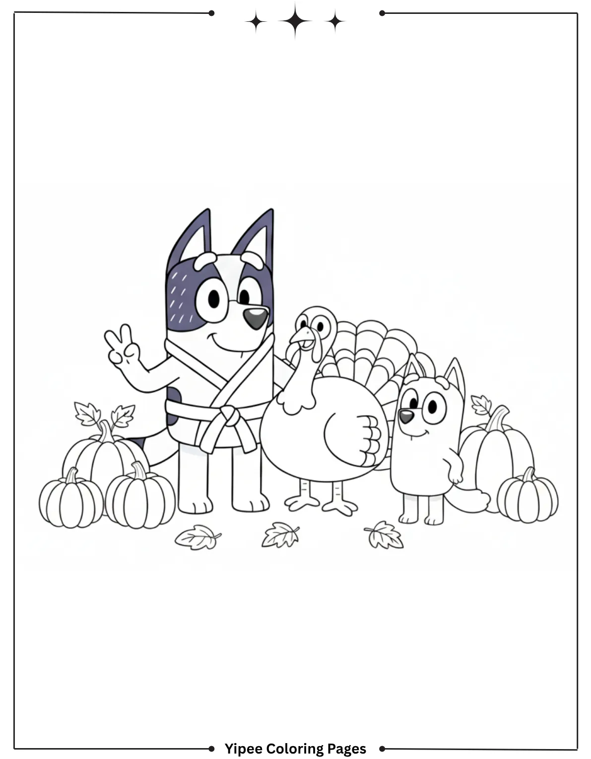 Bluey and Bingo stand with a turkey and pumpkins around them