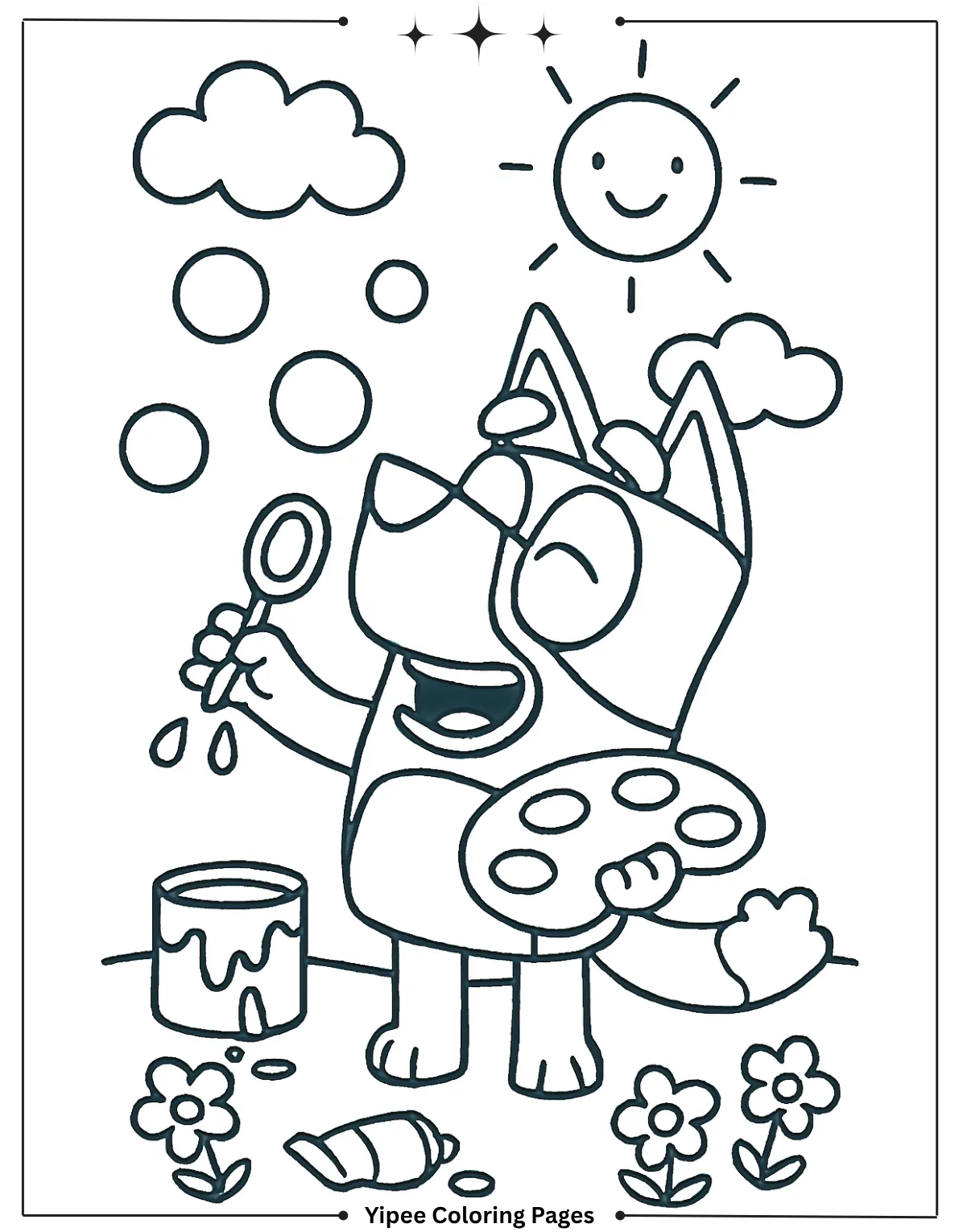 Bluey blows bubbles with joy on a bright day