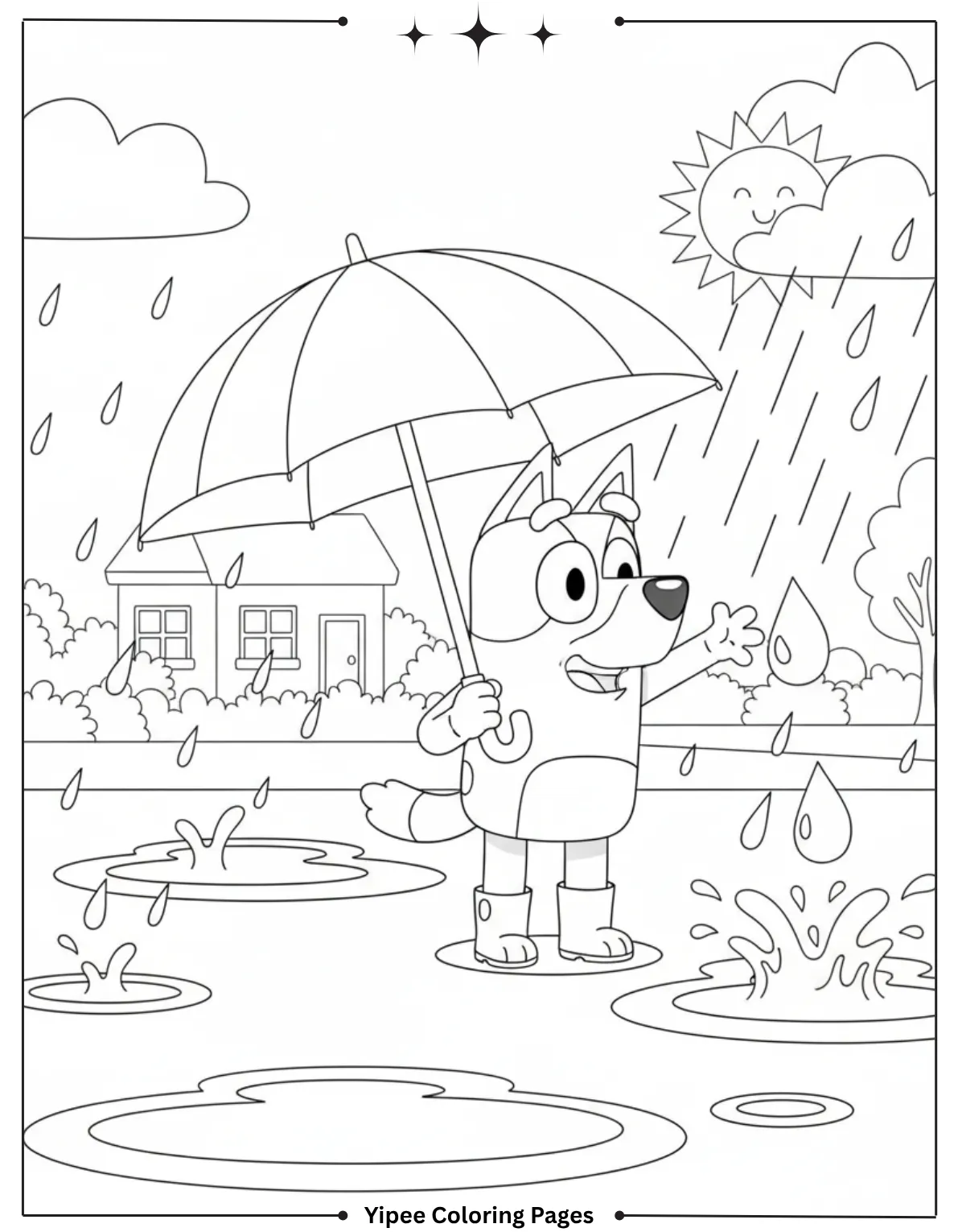 Bluey catches raindrops on a rainy day