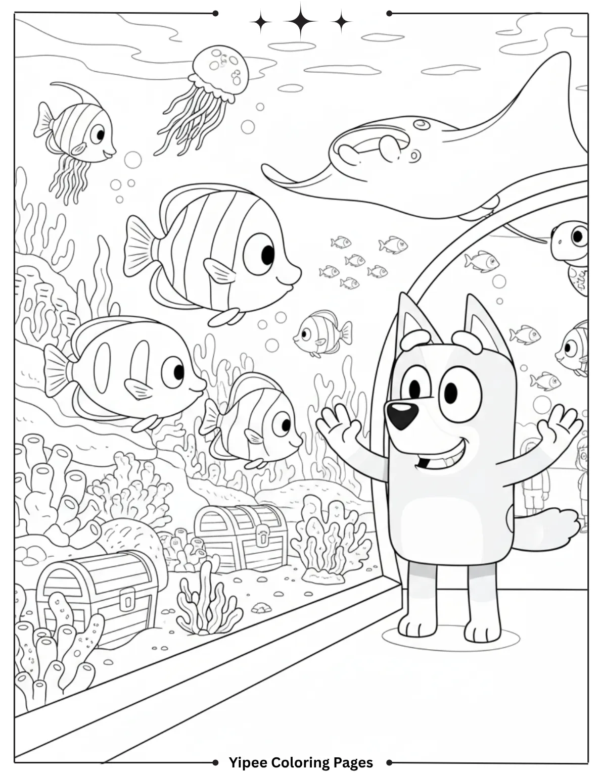 Bluey explores the wonders of the aquarium with fish all around