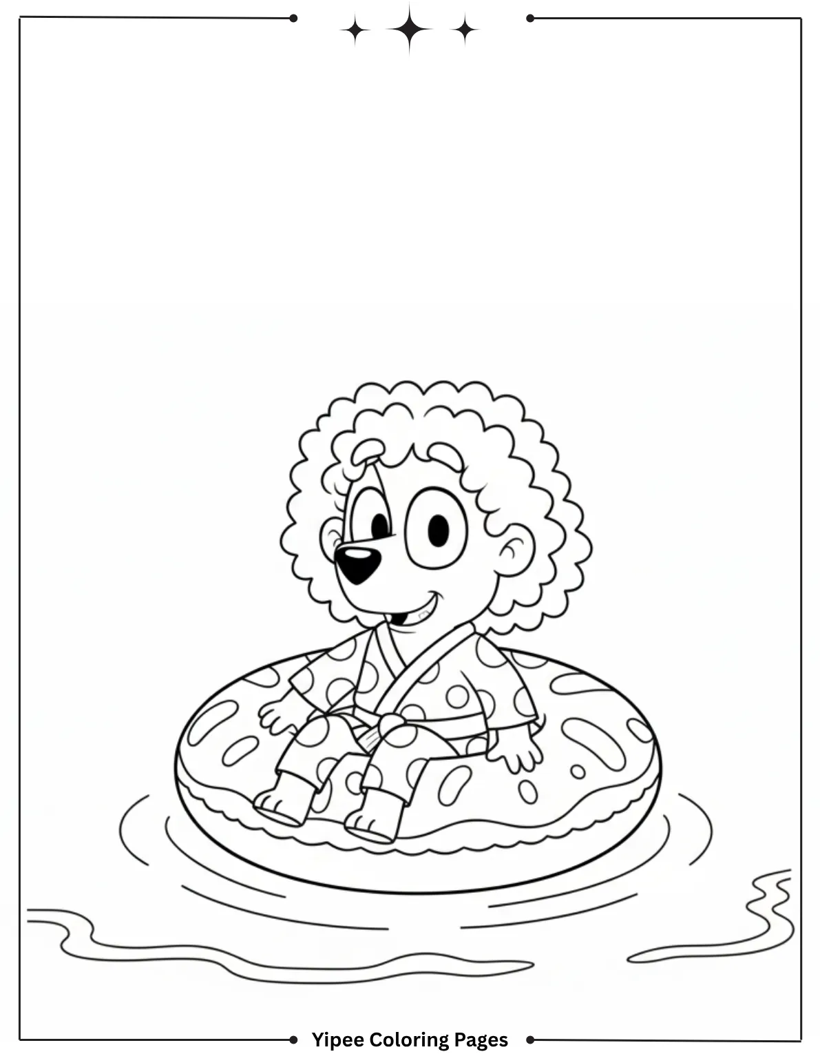 Bluey floats happily on an inflatable ring in the pool