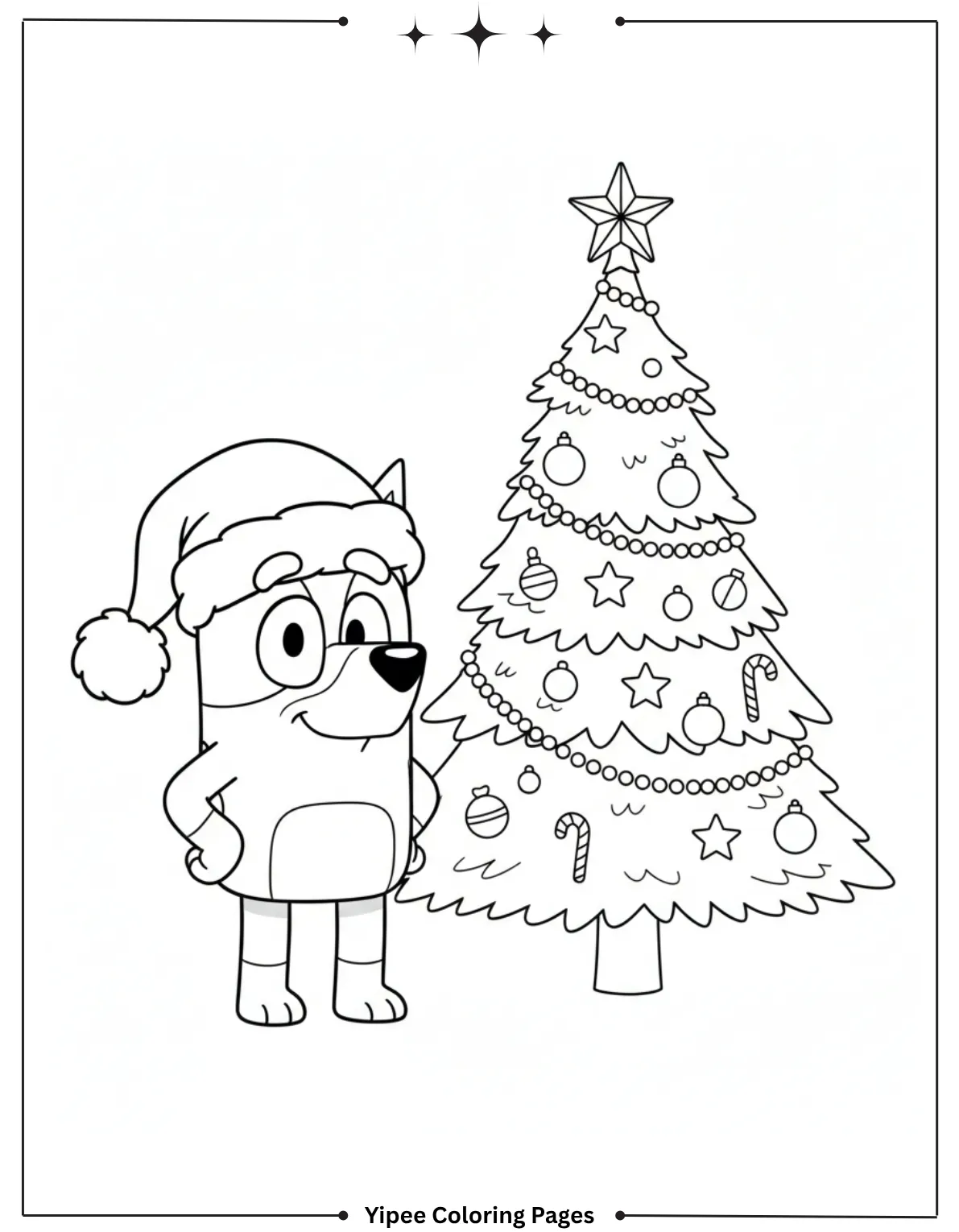 Bluey in a Santa hat stands next to a decorated Christmas tree