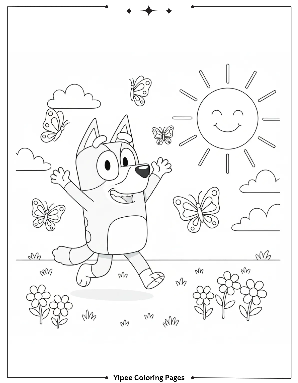 Bluey joyfully chases butterflies in a sunny meadow