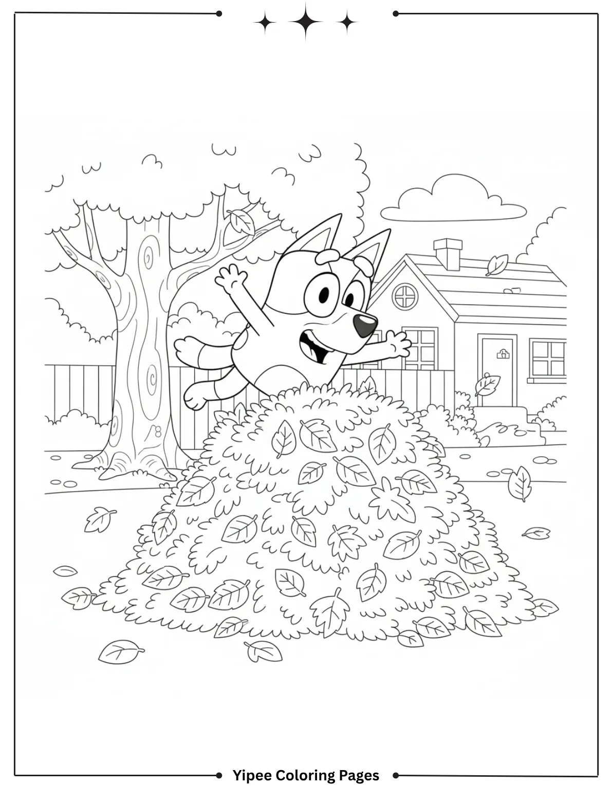 Bluey jumps into a pile of colorful autumn leaves