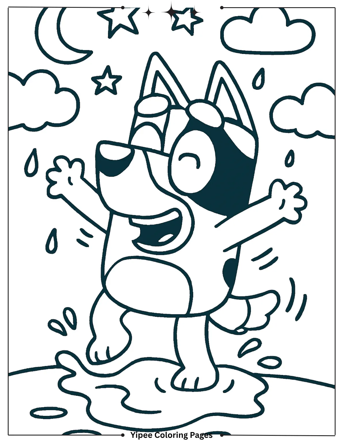 Bluey splashes joyfully in puddles on a rainy day