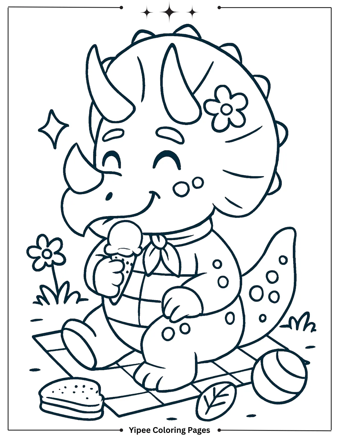 Cute Triceratops Eats Ice Cream at a Picnic Coloring Page