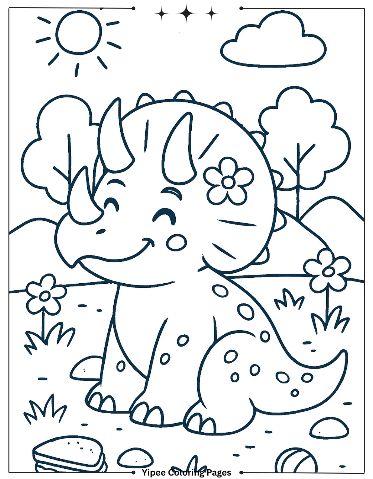 Happy Triceratops in the Wild Coloring Page