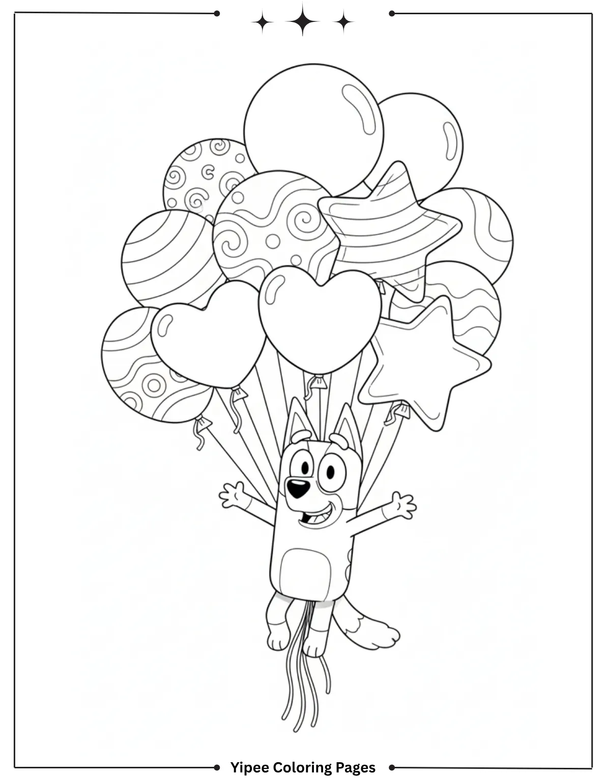 Indy floats among balloons with a friendly smile