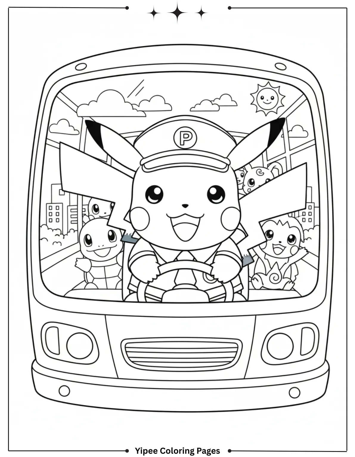Pikachu Coloring Pages Free For Kids & Adults Pikachu As Bus driver